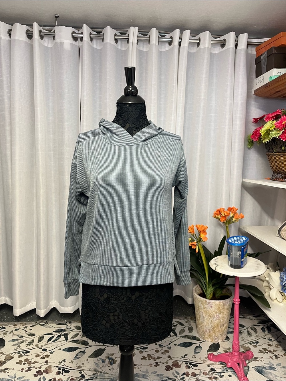 Women's Hooded Rib-Knit Pullover Top - blue gray